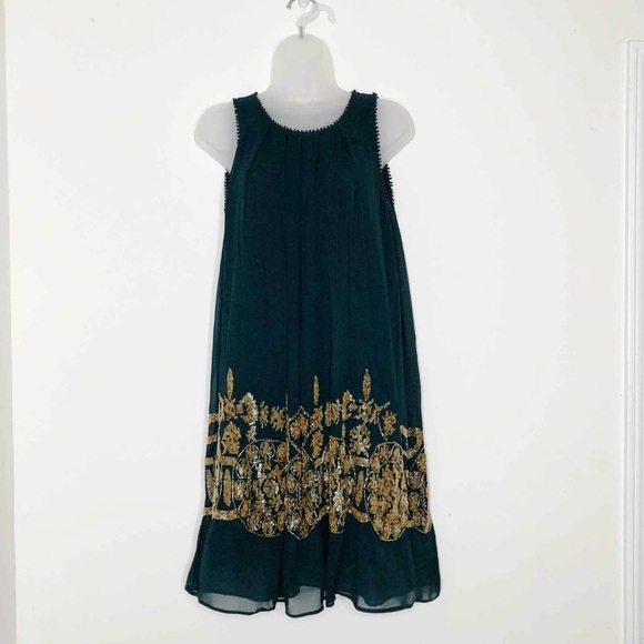Anthropologie Not So Serious Brenta Emerald Green Beaded Swing Dress Size 8 - Picture 1 of 16
